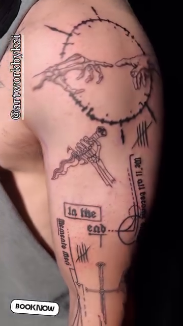 Collection of symbols and text fine line tattoo by Kai