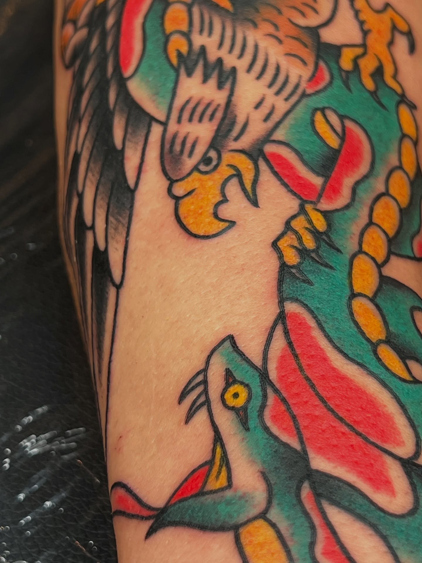 Peacock American traditional tattoo on the forearm by Cory Miller