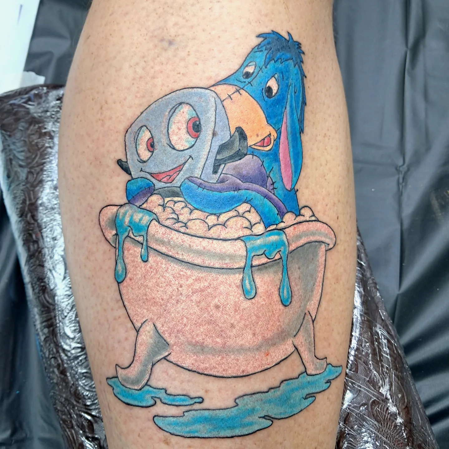 Bathtime characters illustrative tattoo on the thigh by Reb Fularz