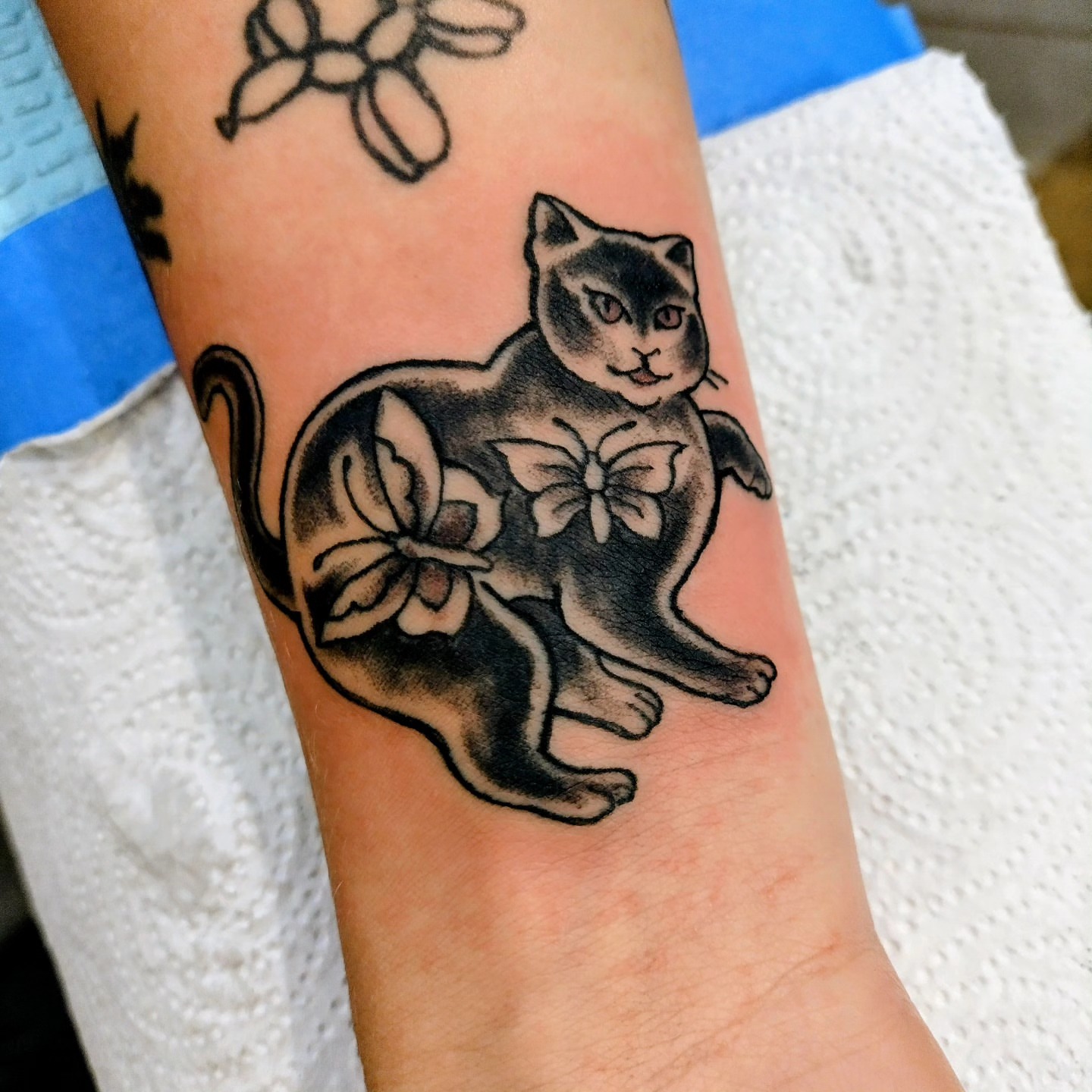 Cat with butterfly wings American traditional tattoo on the forearm by Matt Williamson