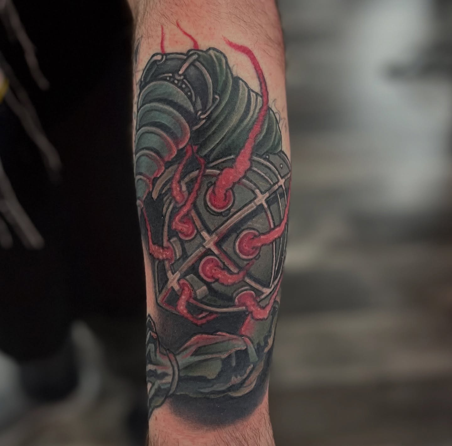 Mechanical device geometric tattoo on the forearm by BodyArtByAlia