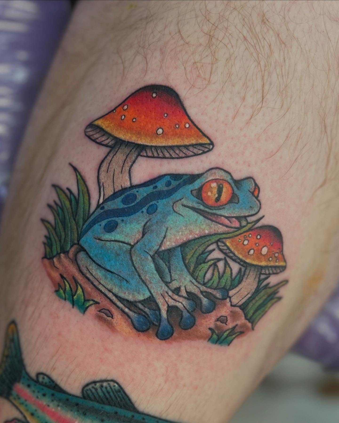 Frog and mushrooms new school tattoo on the forearm by Abby Watts, Columbus, Ohio