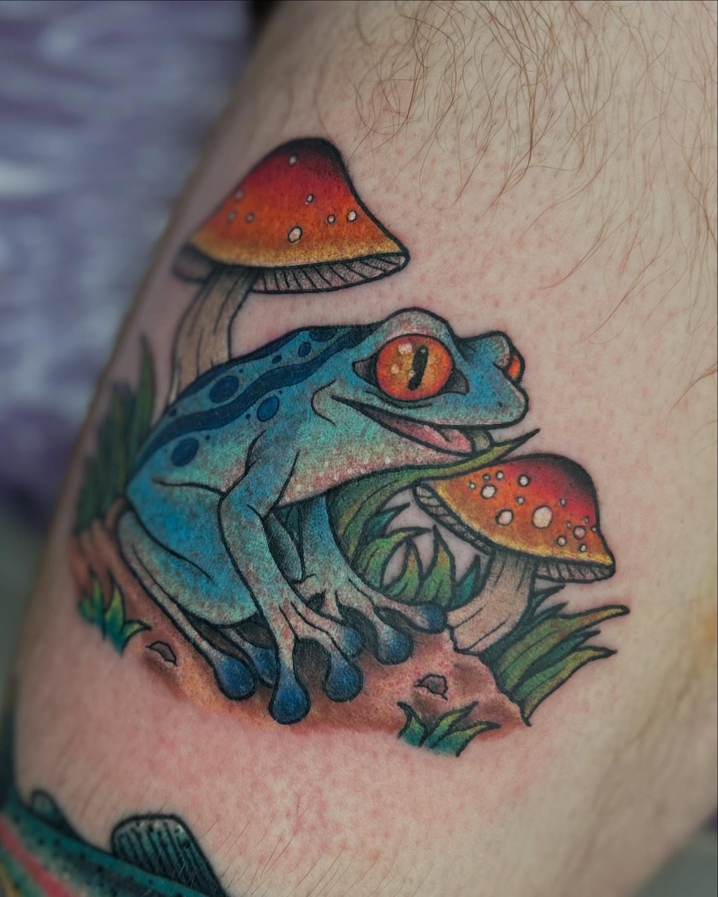 Frog and mushrooms dotwork tattoo on the thigh by Abby Watts, Columbus, Ohio