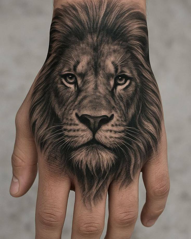 Lion realism tattoo on the hand by Peter John