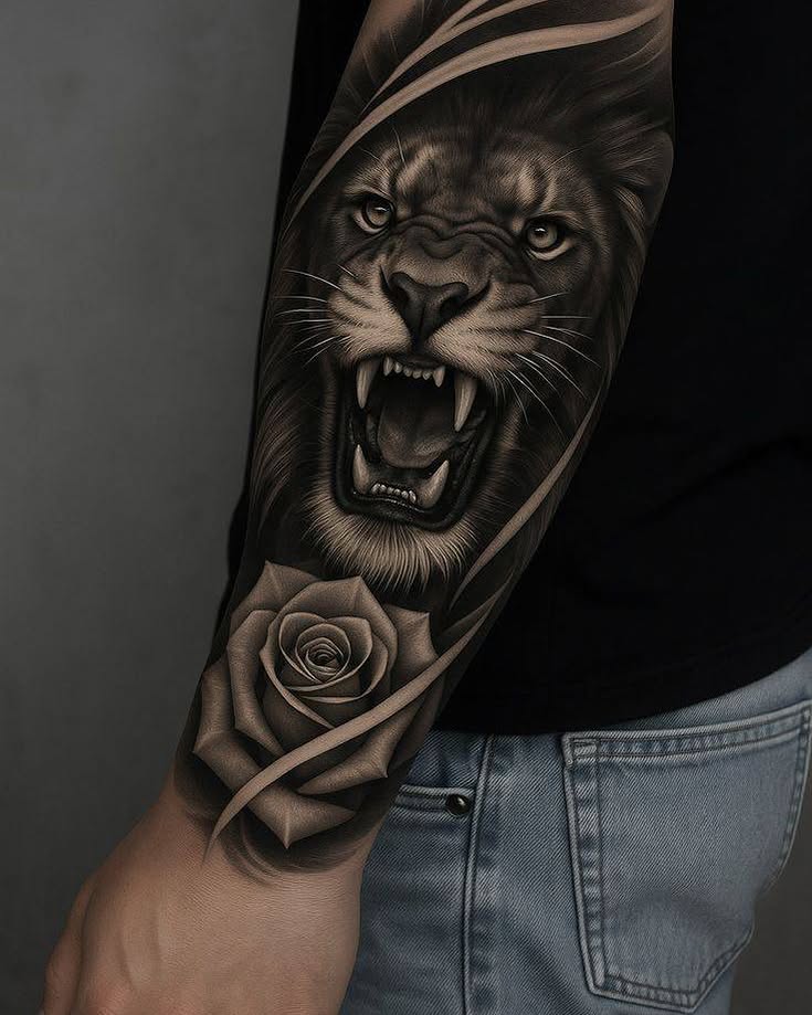 Roaring lion realism tattoo on the forearm by Peter John