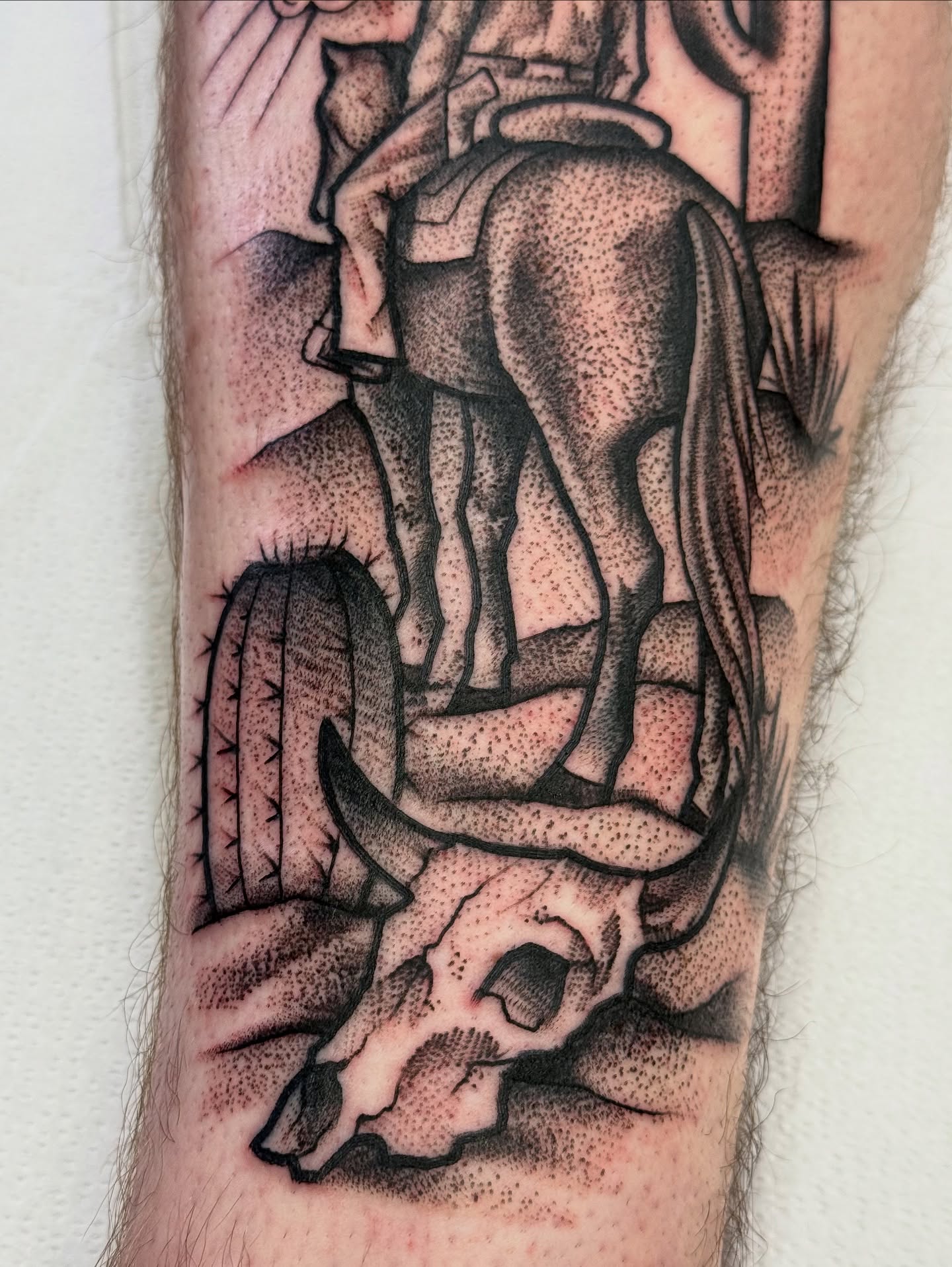 Cowboy and horse dotwork tattoo on the forearm by jenna clark🎨