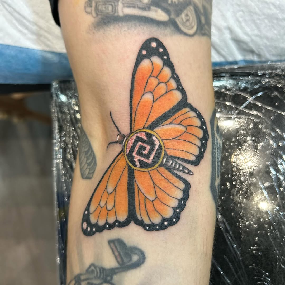 Monarch butterfly with symbol fine line tattoo on the forearm by 🇬🇹