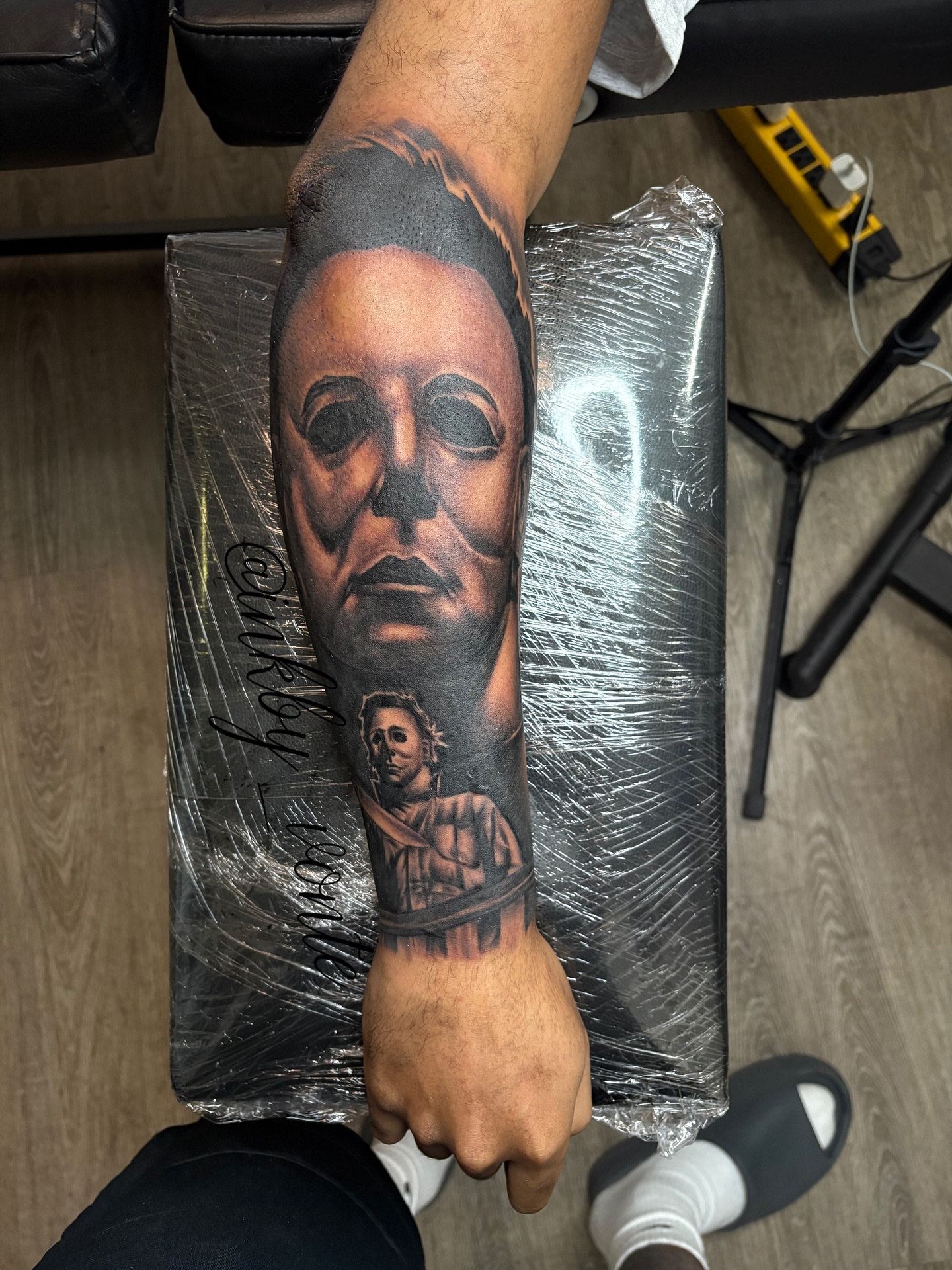Michael Myers mask realism tattoo on the forearm by Vonte Seay