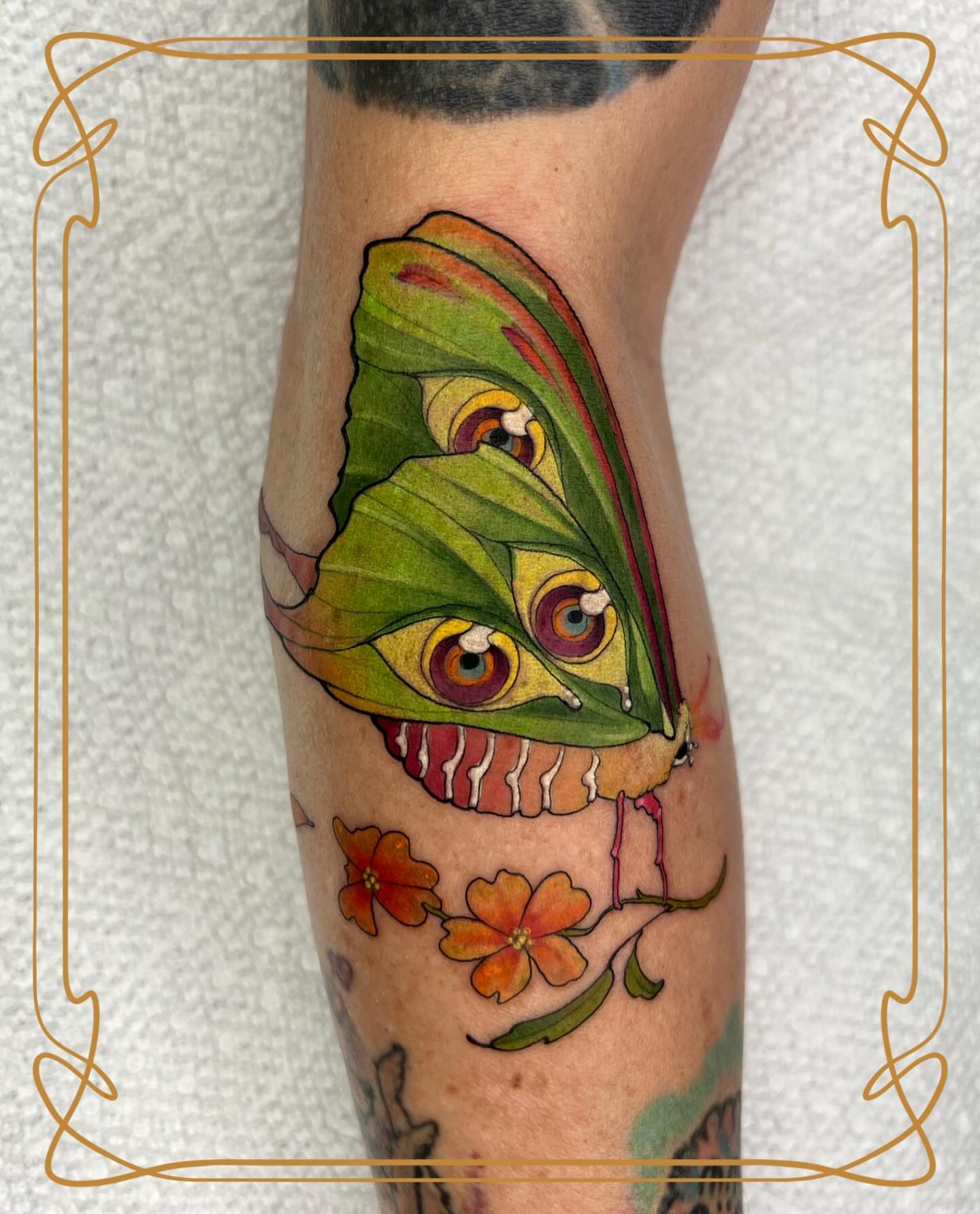 Butterfly illustrative tattoo on the forearm by Severin Black