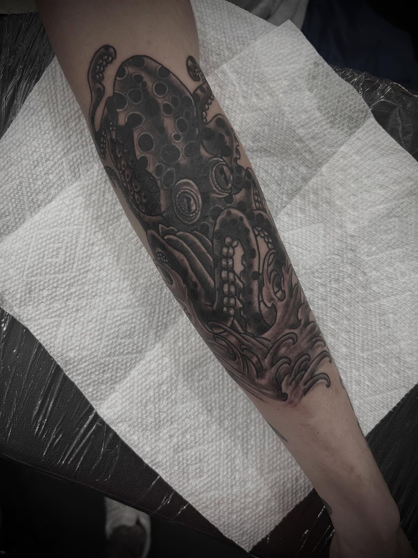 Octopus black and grey tattoo on the forearm by ⚡️Shaw⚡️