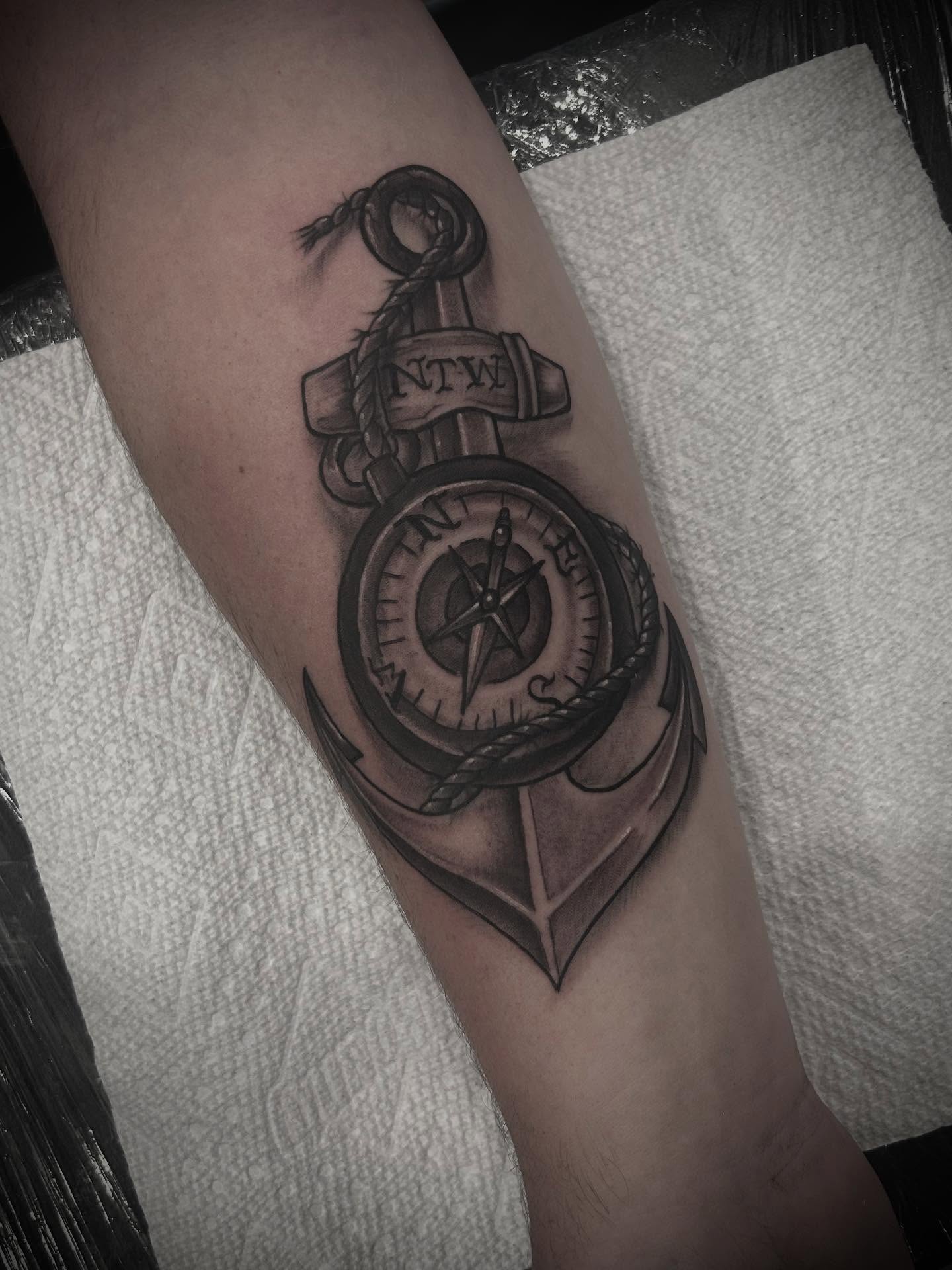 Anchor and compass realism tattoo on the forearm by ⚡️Shaw⚡️