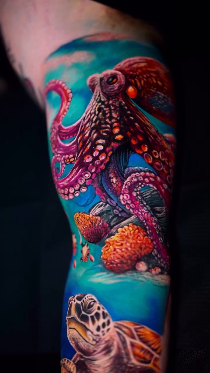Octopus and sea turtle realism tattoo by Yasmani ramirez