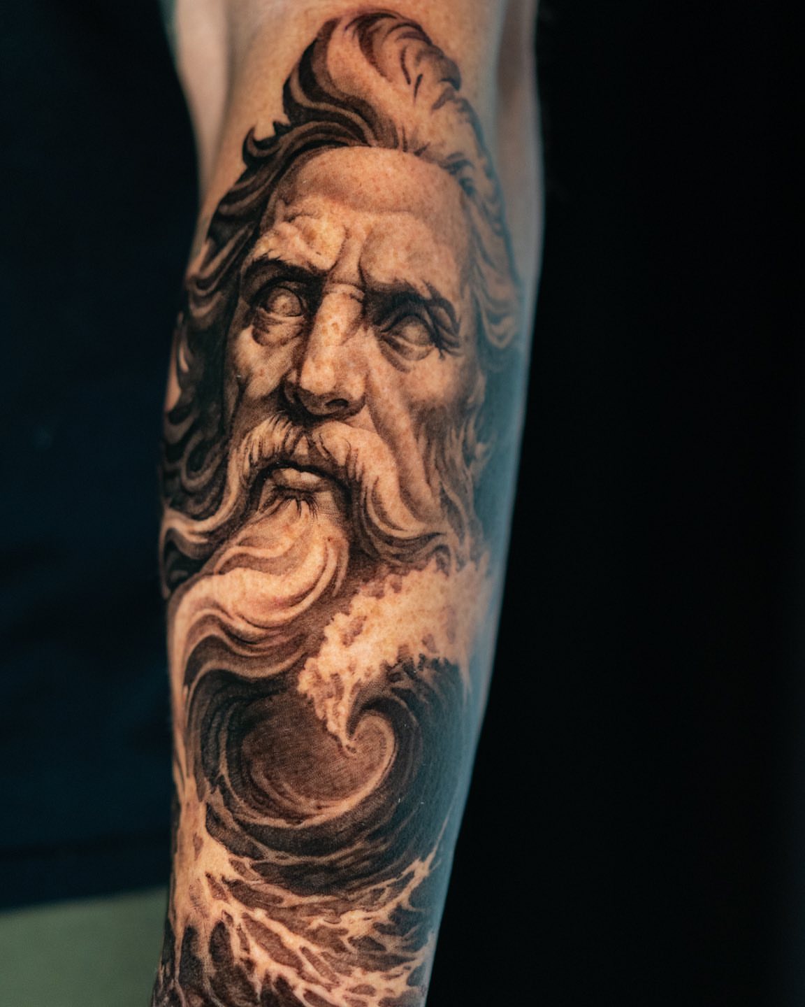 God-like figure realism tattoo on the forearm by 🦇💀Matt Perlman💀🦇