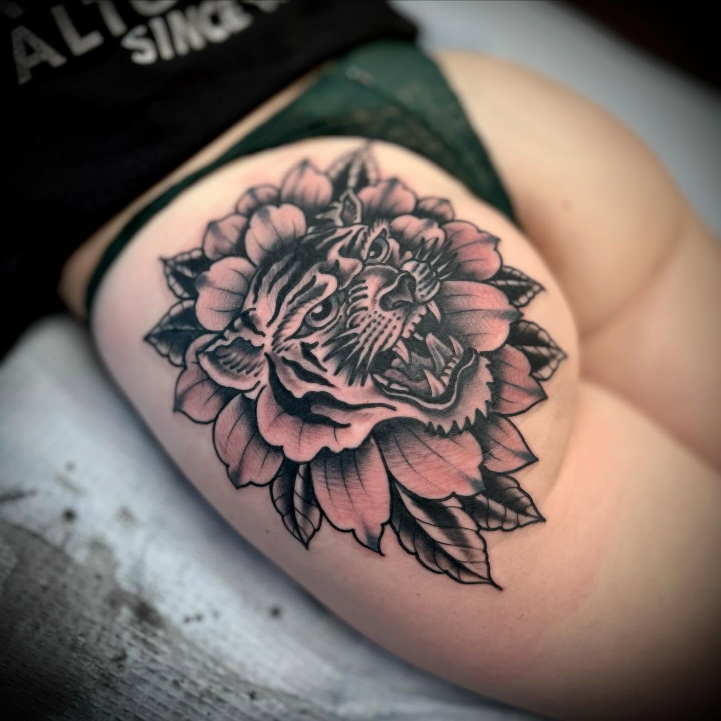 Peony American traditional tattoo on the thigh by Troy Mort, Altoona, Pennsylvania