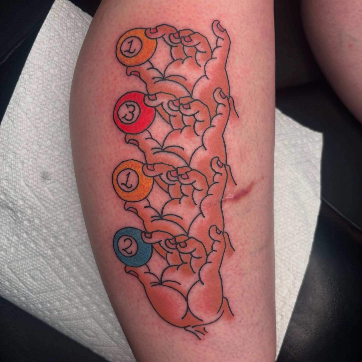 Billiard balls American traditional tattoo on the forearm by Jordan Wray