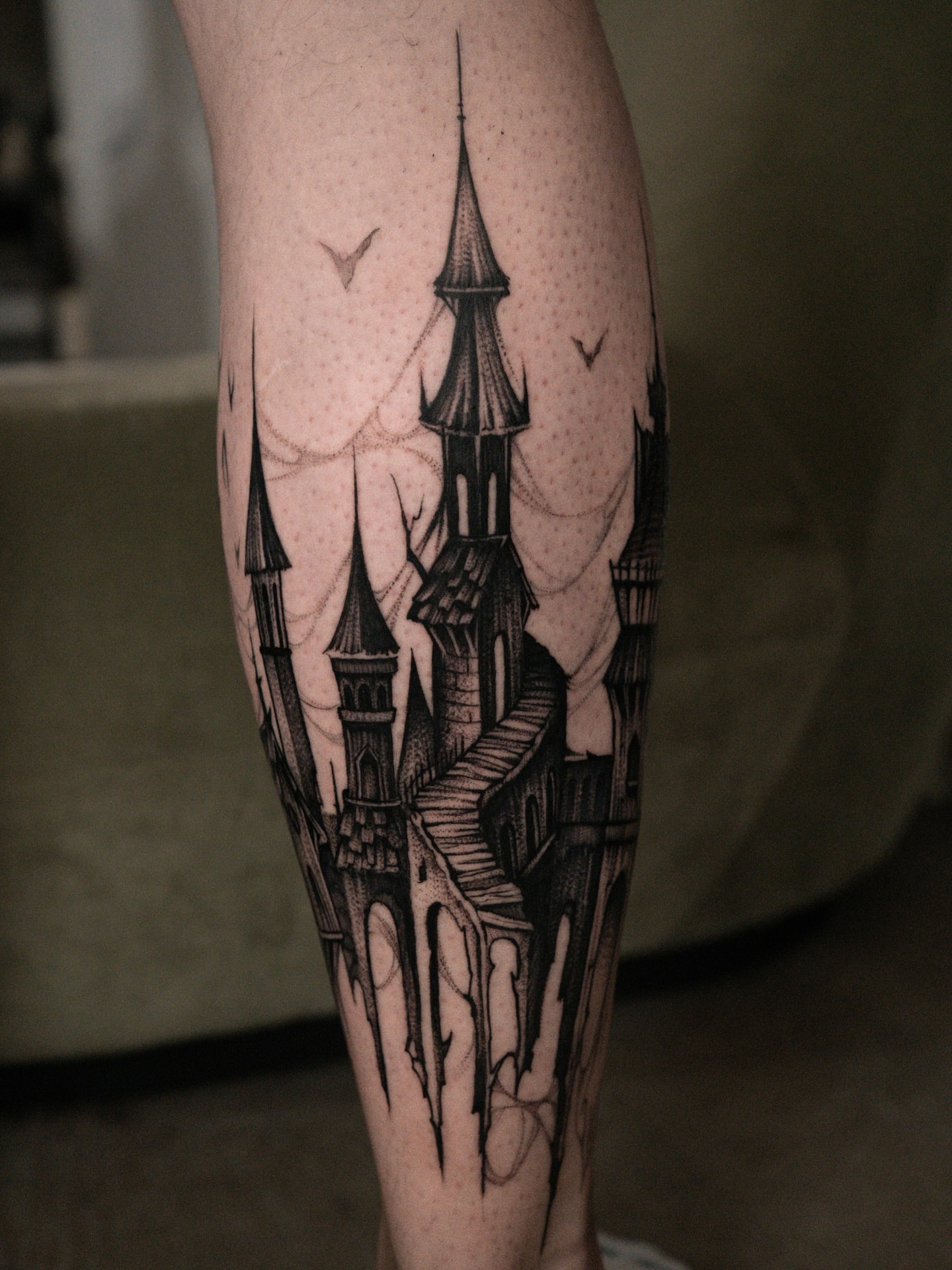 Castle dotwork tattoo on the forearm by Bruna Bianculli