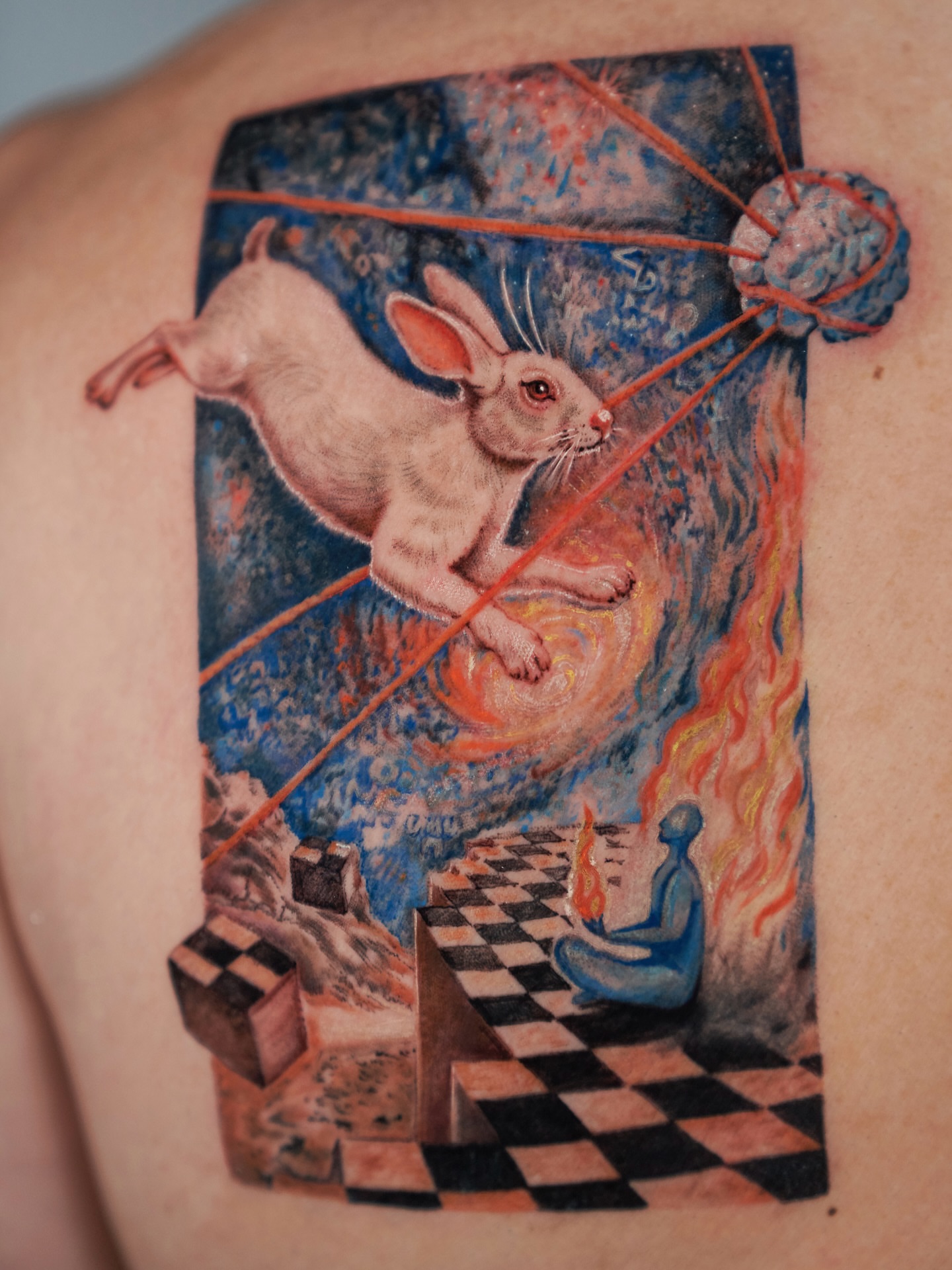 Rabbit and human figure surrealism tattoo on the back by Tattoo artist LA ། Fine line, Micro realism
