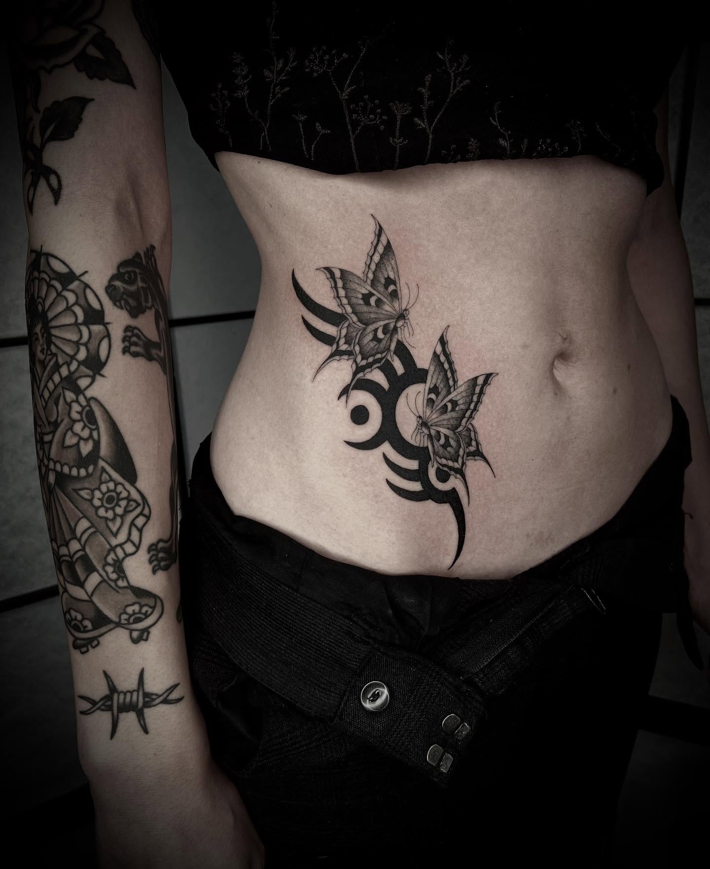 Butterflies and tribal design tribal tattoo on the torso by linahsiaotattoo