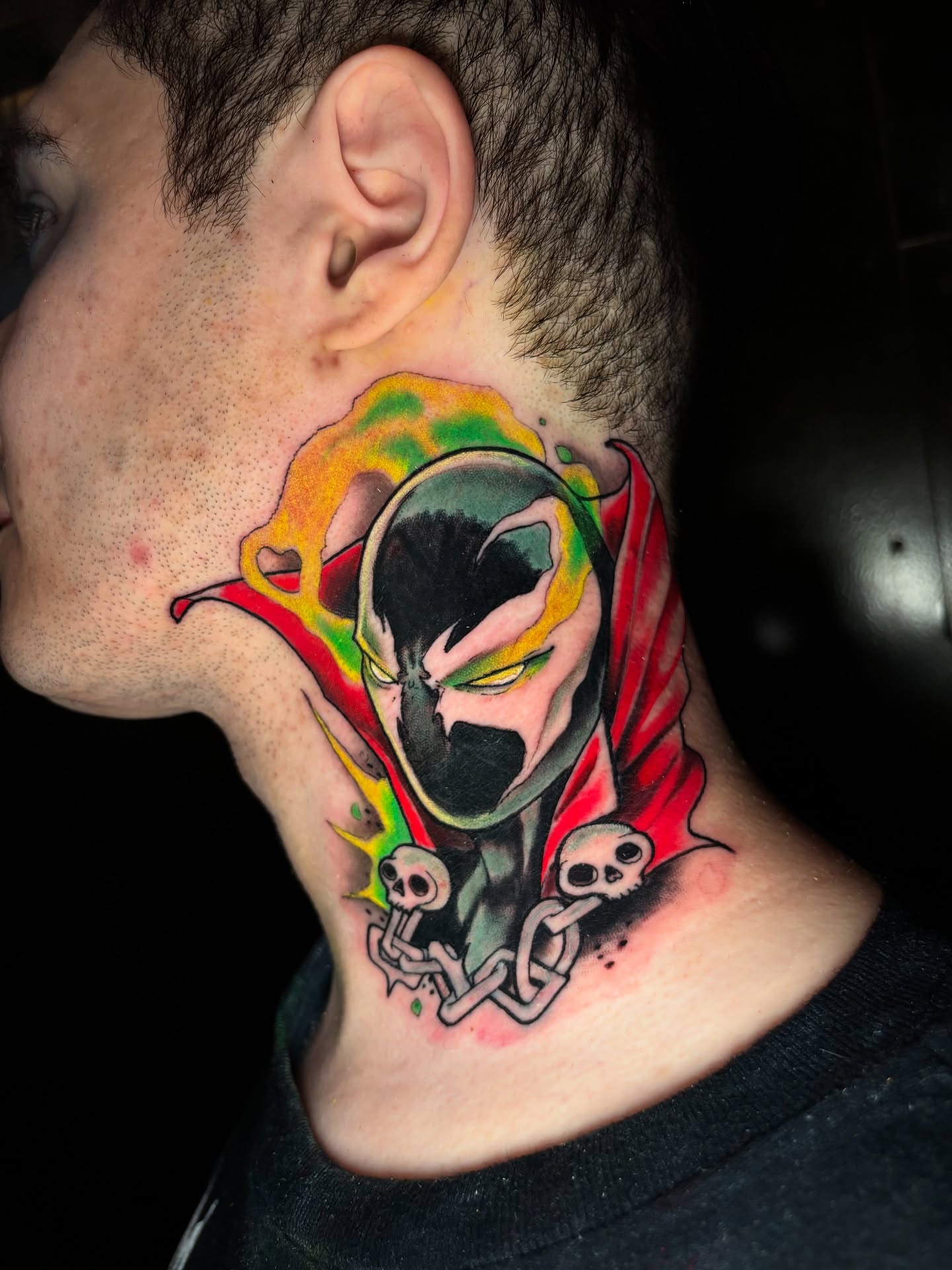 Skull and ghost dotwork tattoo on the neck by Matt Stolzenburg