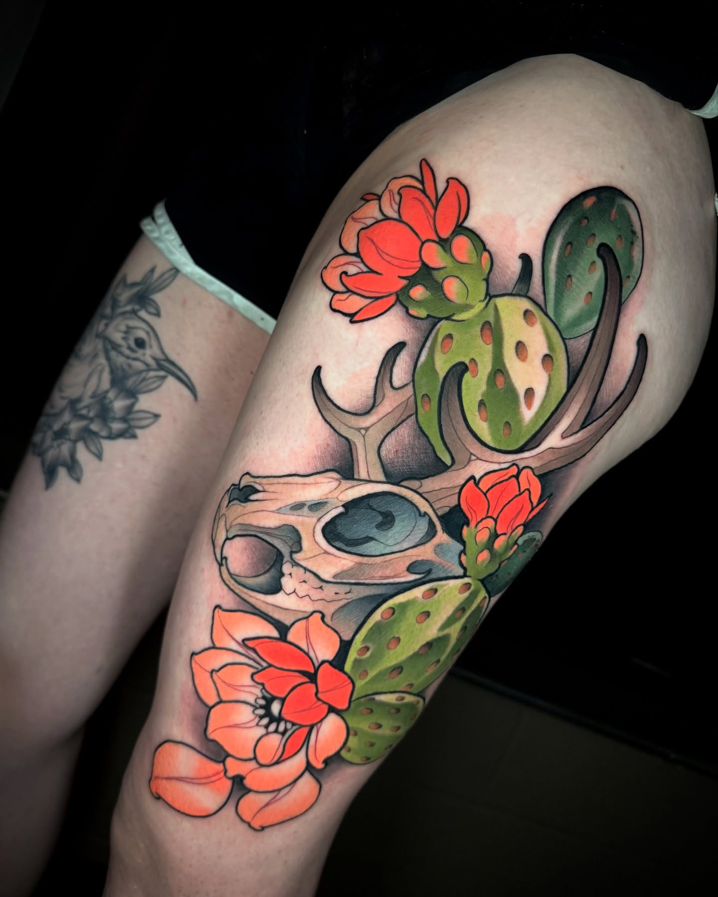 Cactus and skull American traditional tattoo on the thigh by Freddie Brown, Lombard, IL