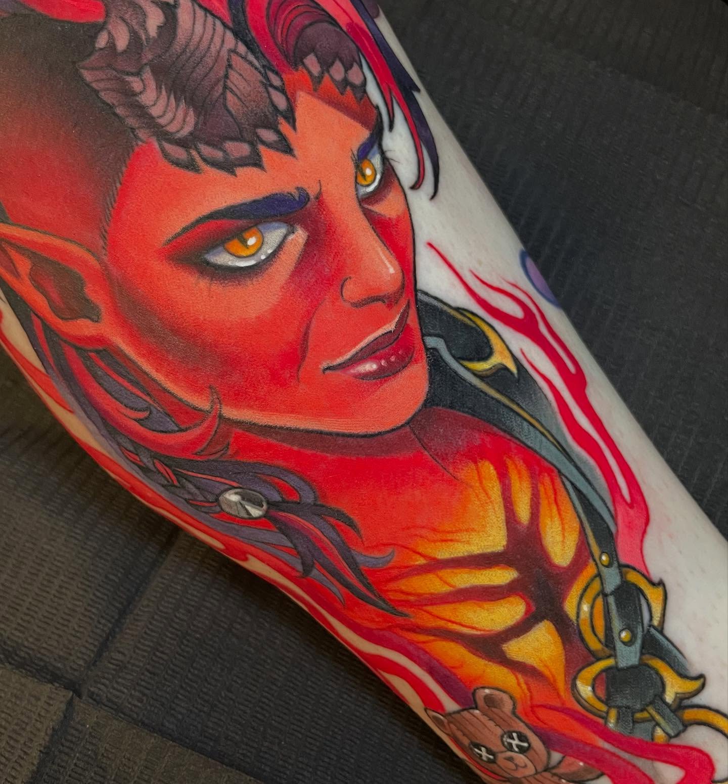 Woman with horns realism tattoo on the forearm by ππΈππππ π΅ππππππ