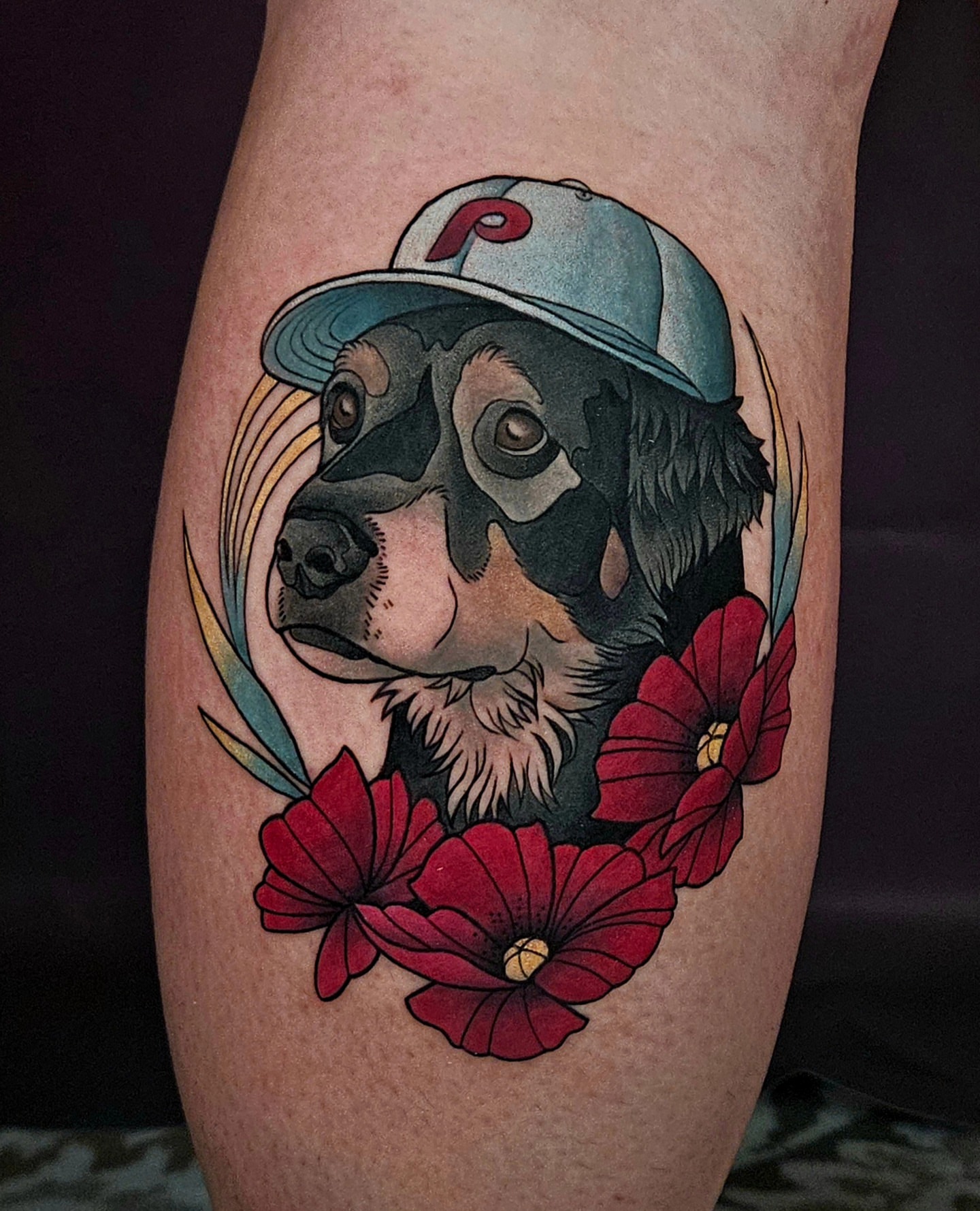 Dog wearing baseball cap realism tattoo on the thigh by Chloe🌿Tattoos
