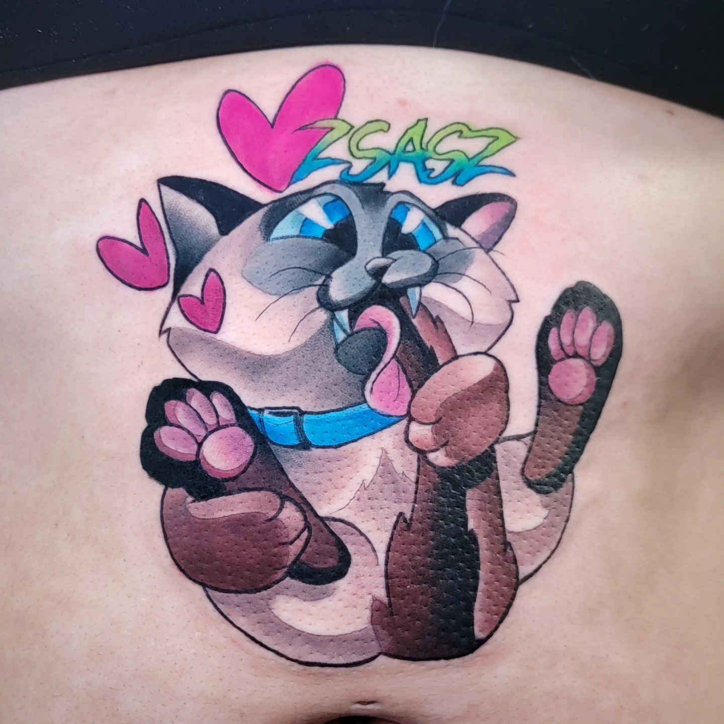 Cat dotwork tattoo on the thigh by Anime and newschool tattoos in Harker