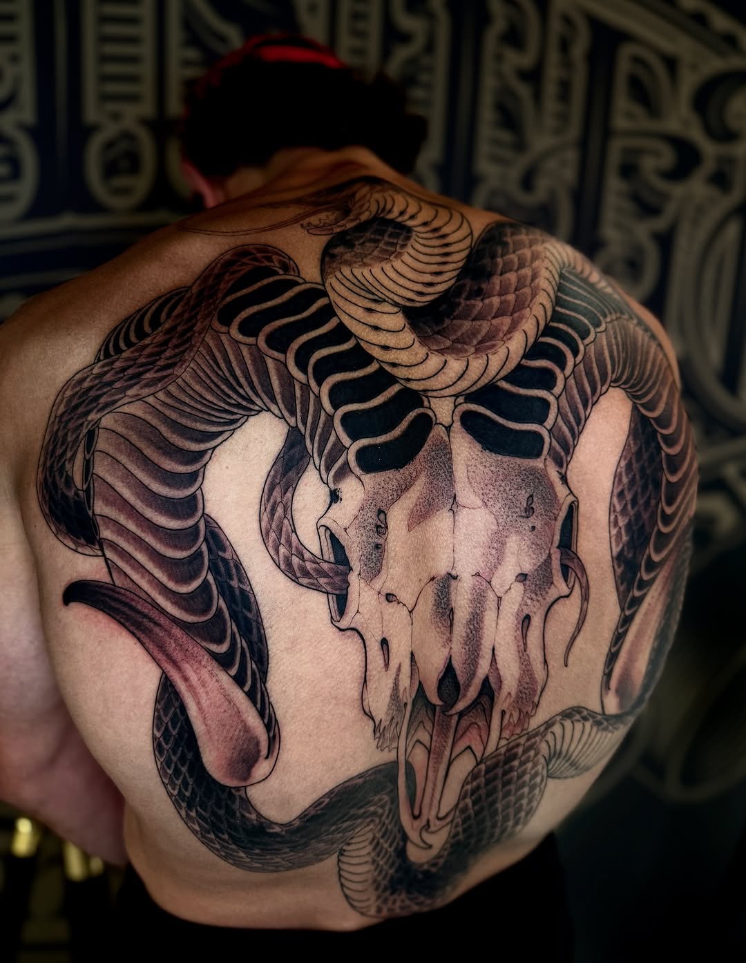 Skull and snake realism tattoo on the back by Angelo Buonanno, Las Vegas, Nevada
