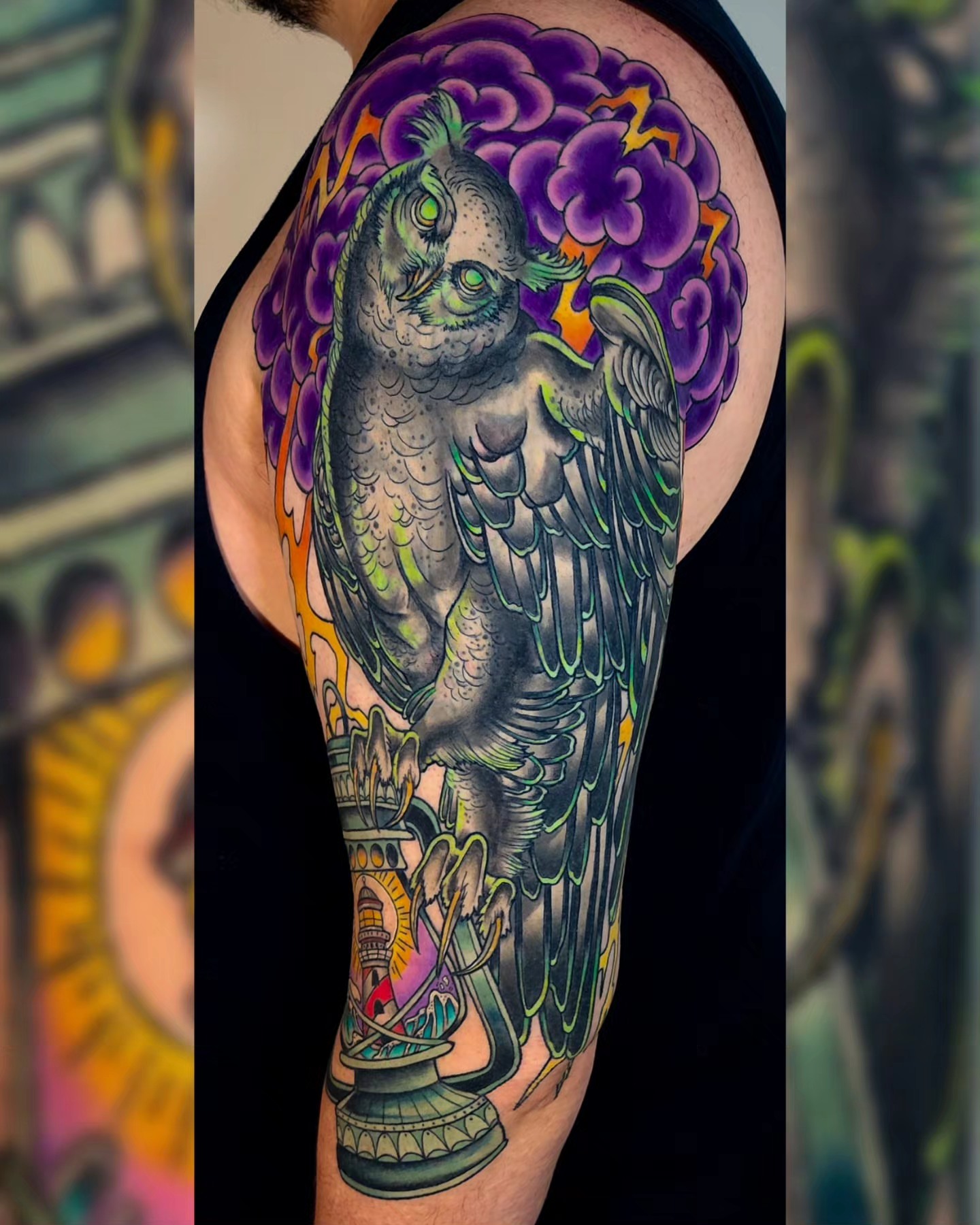 Owl American traditional tattoo on the forearm by Mariah Giovanna Hodgens