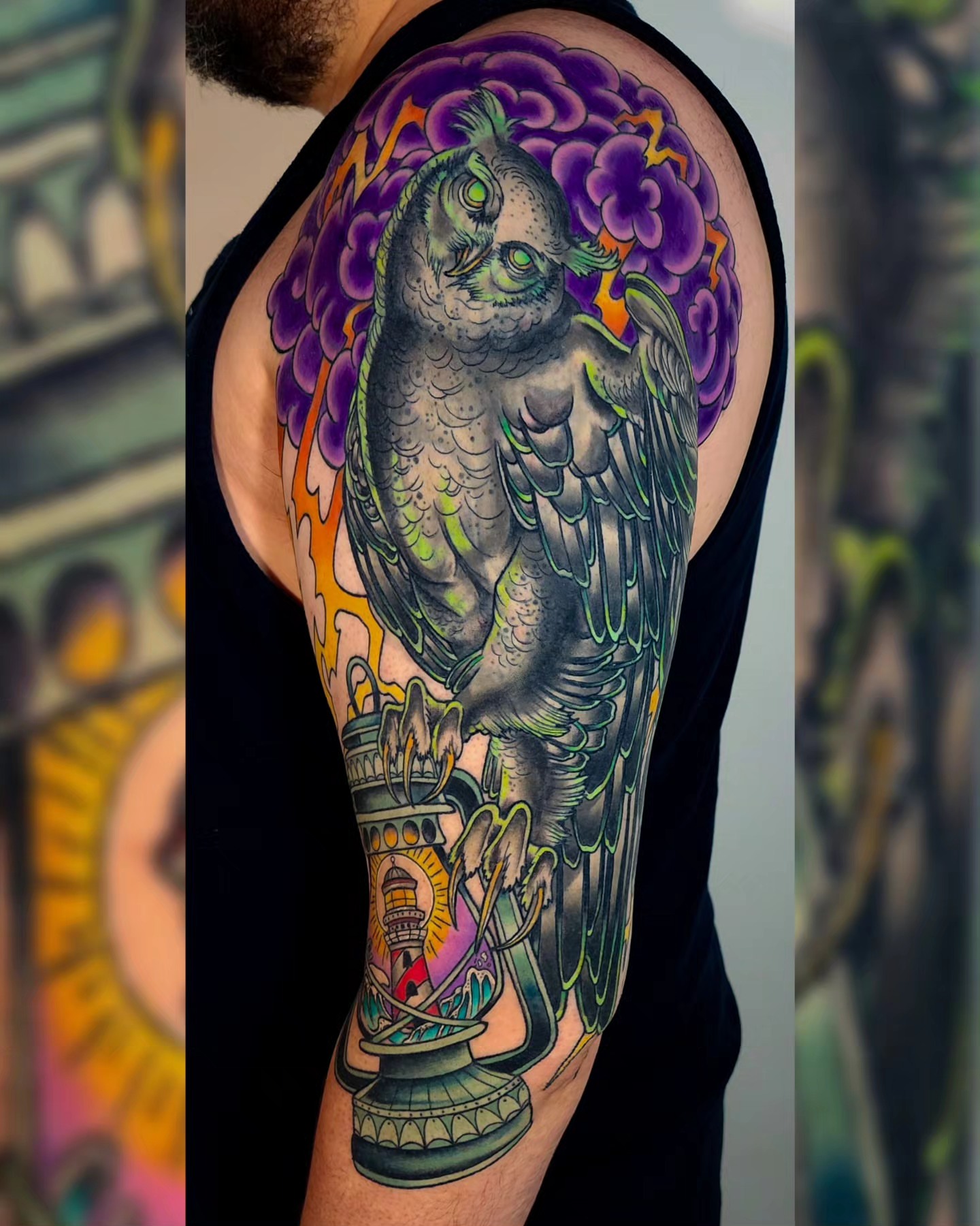 Owl new school tattoo on the shoulder by Mariah Giovanna Hodgens