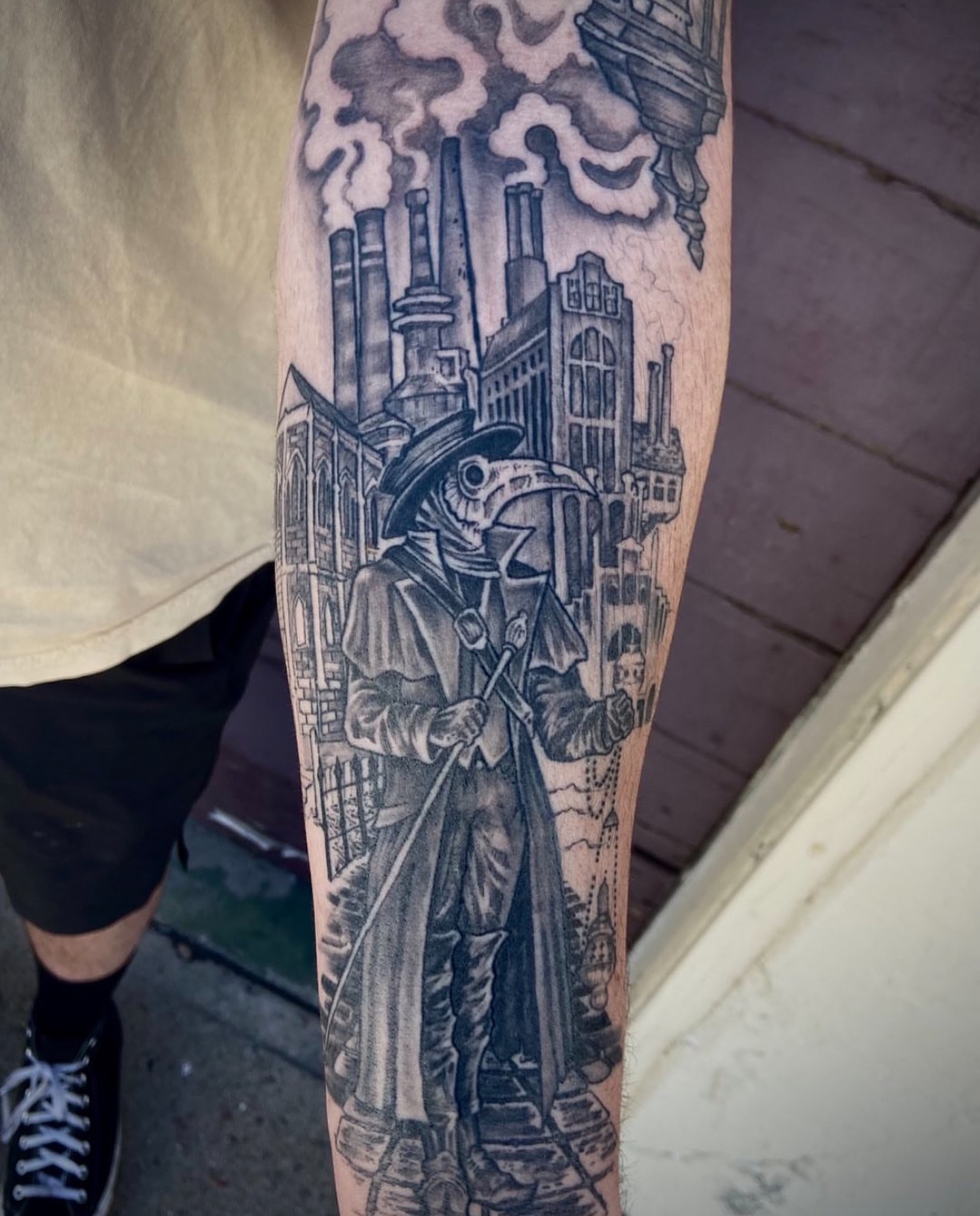 Plague doctor realism tattoo on the forearm by Culleton Paramore