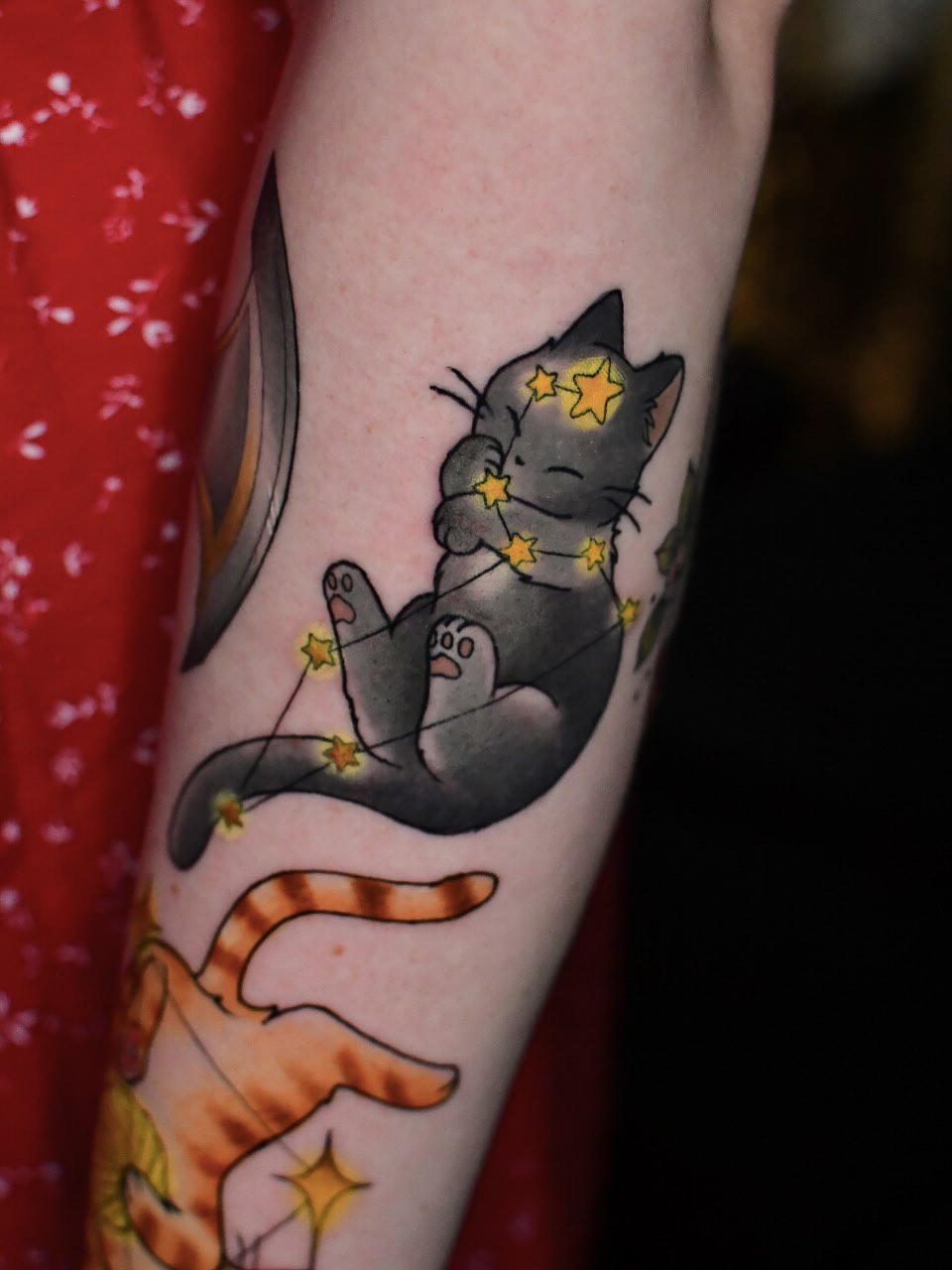 Cat with stars illustrative tattoo on the forearm by Karina πΌ Orange County Tattoo Artist