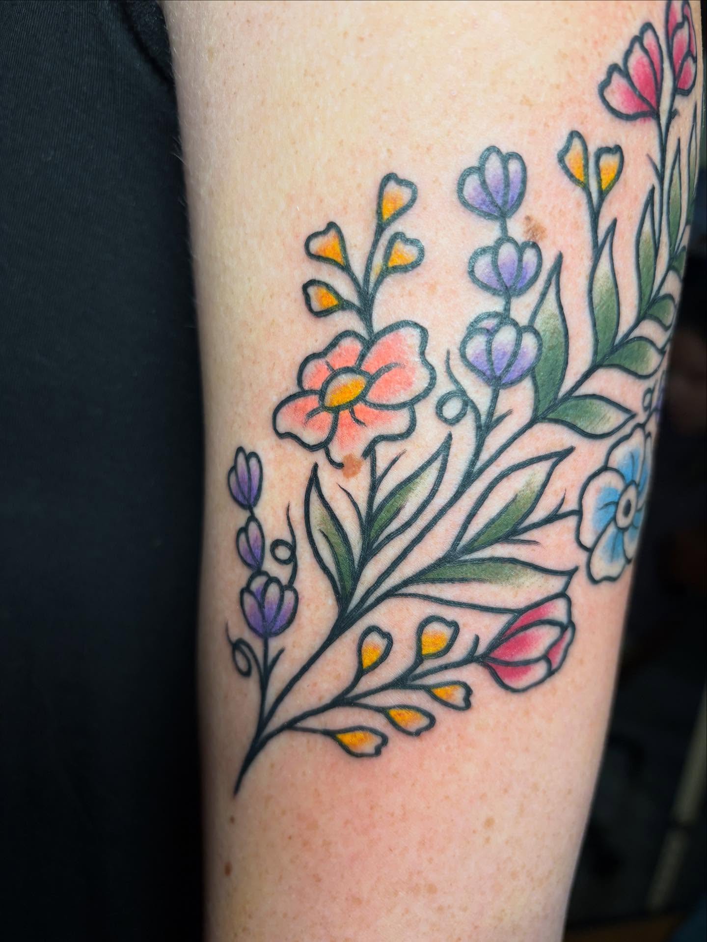 Floral bouquet new school tattoo on the forearm by gia❤️‍🔥🎲, Maryville, Tennessee