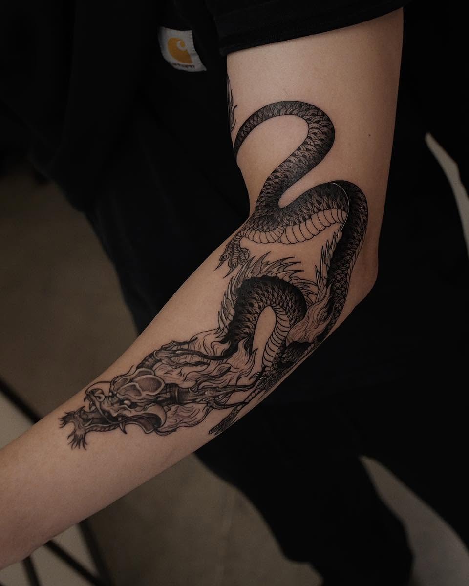 Dragon realism tattoo on the forearm by Gary Zhong, Upland, California