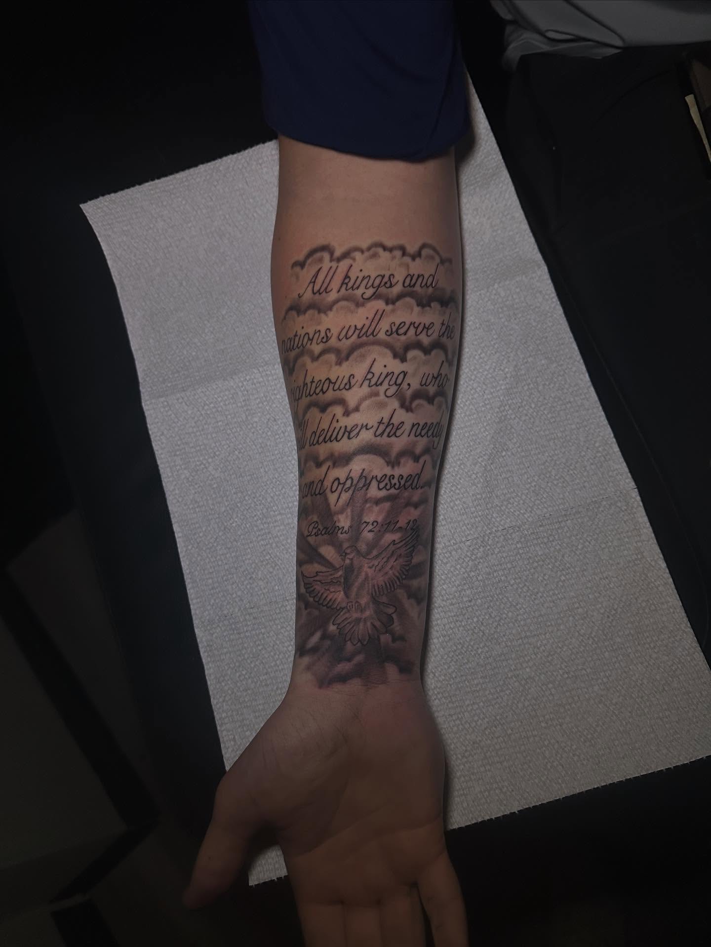 Script lettering lettering script tattoo on the forearm by Aj Negrete Jr.