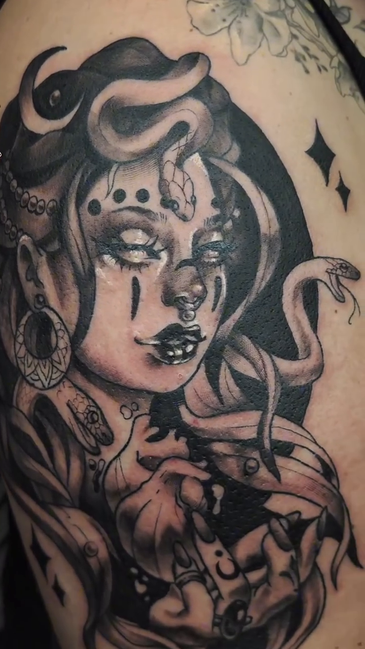 Medusa portrait with snakes realism tattoo on the back by Nadine ☥