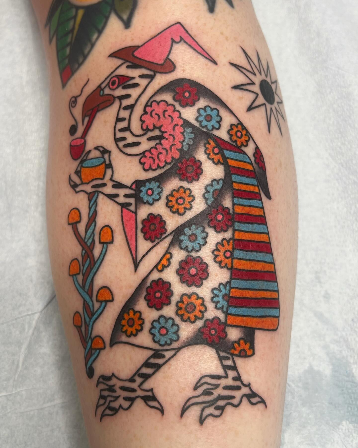 Flamingo American traditional tattoo on the forearm by Manee Friday