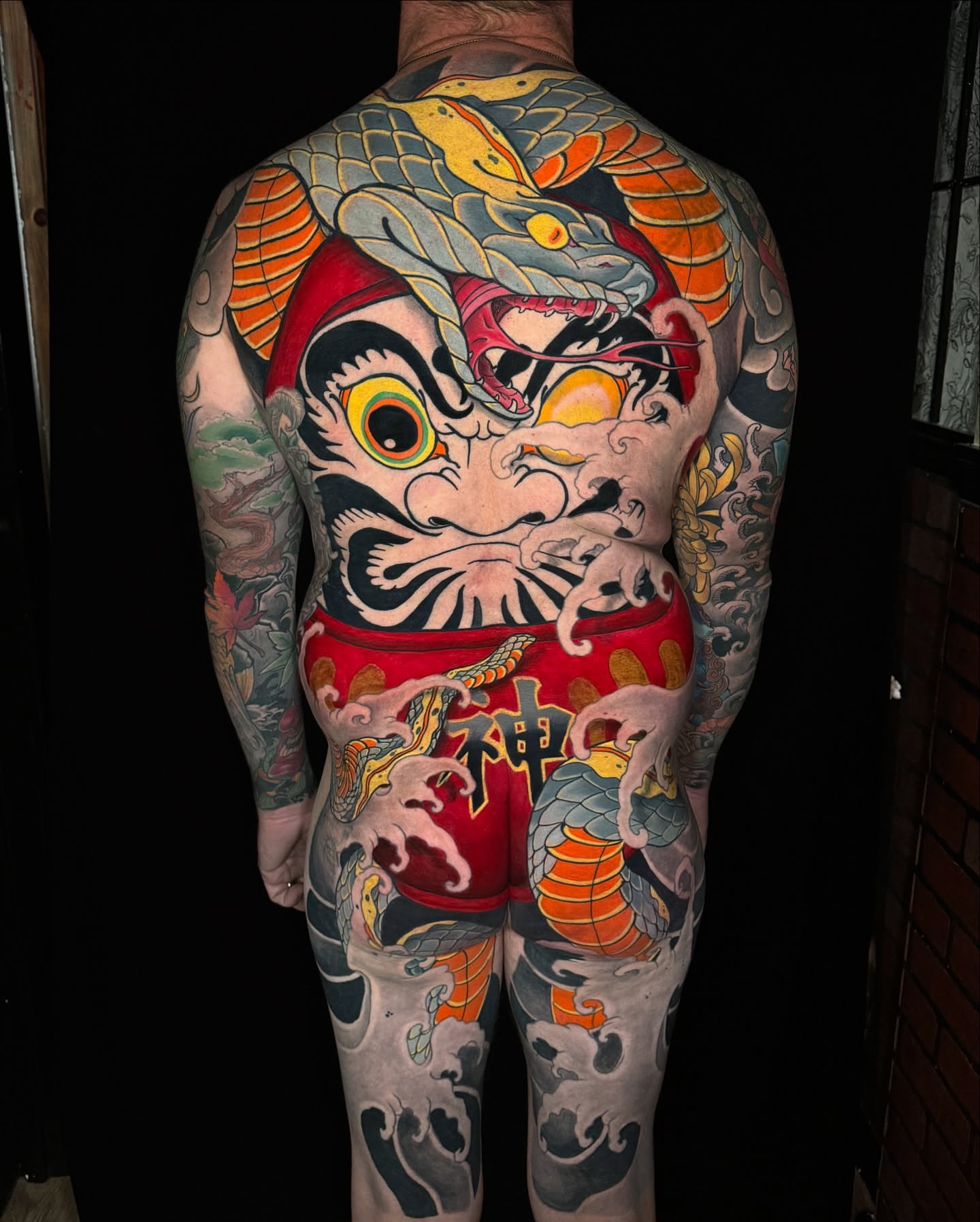 Demon mask with dragon japanese irezumi tattoo on the back by Las Vegas Japanese Tattoo Artist, Las Vegas, Nevada