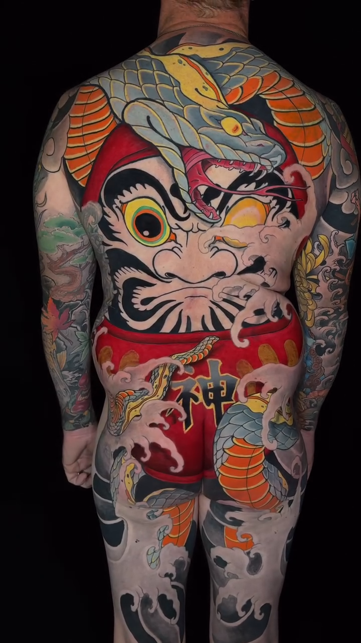 Dragon and mask japanese irezumi tattoo by Las Vegas Japanese Tattoo Artist, Las Vegas, Nevada