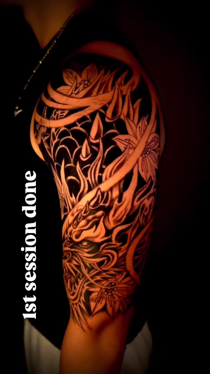 Dragon and floral elements japanese irezumi tattoo by Greg Petrali