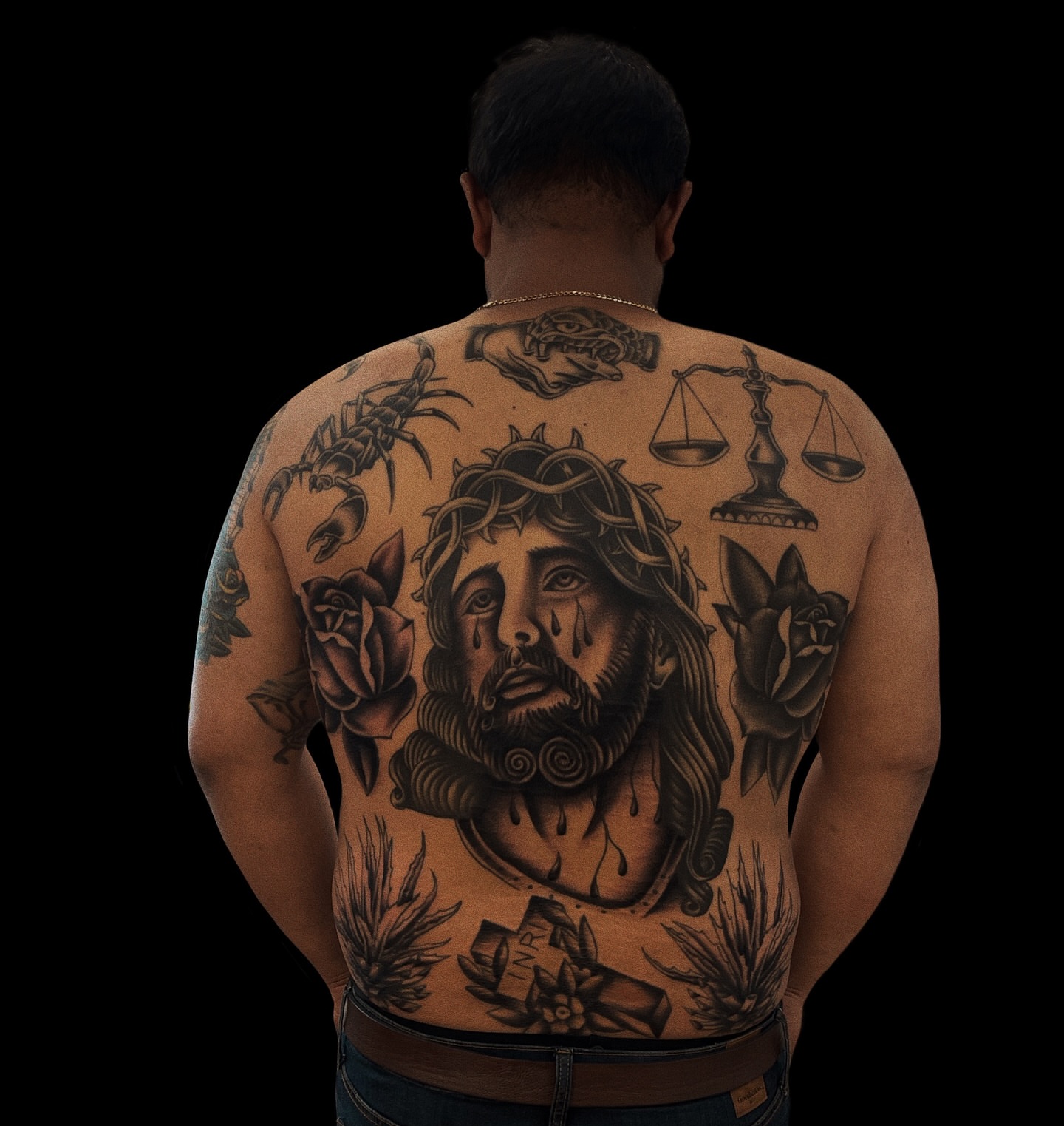Jesus Christ black and grey tattoo on the back by Jason