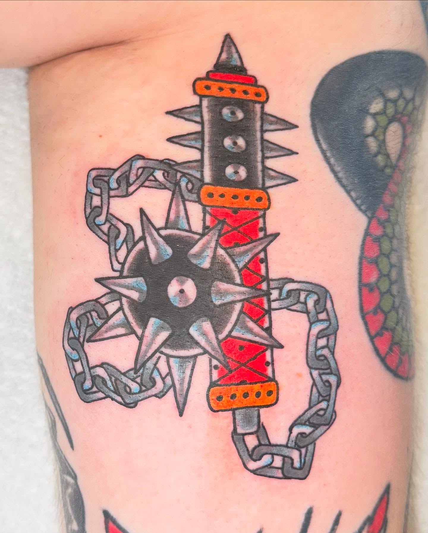 Chainmail sword American traditional tattoo on the forearm by Seth Walker