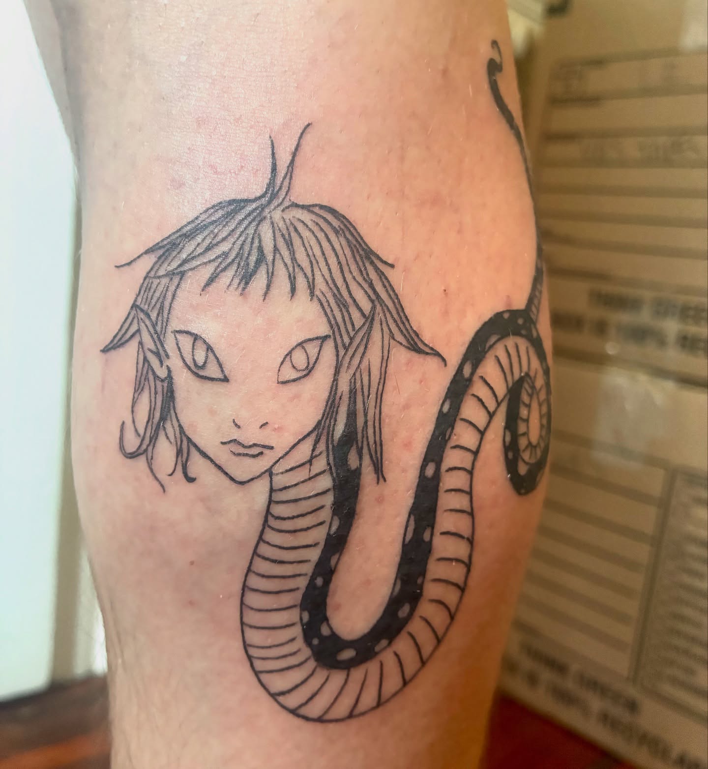 Snake and woman anime tattoo on the forearm by Steph Liebetreu