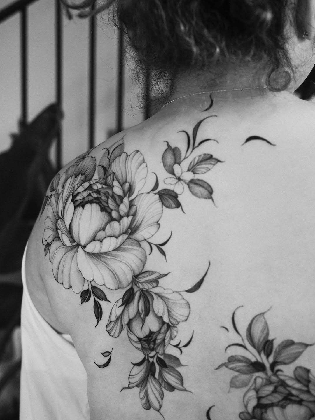 Peony and floral arrangement sketch tattoo on the shoulder by LORIE π€ Floral Tattoo Artist, Los Angeles, California