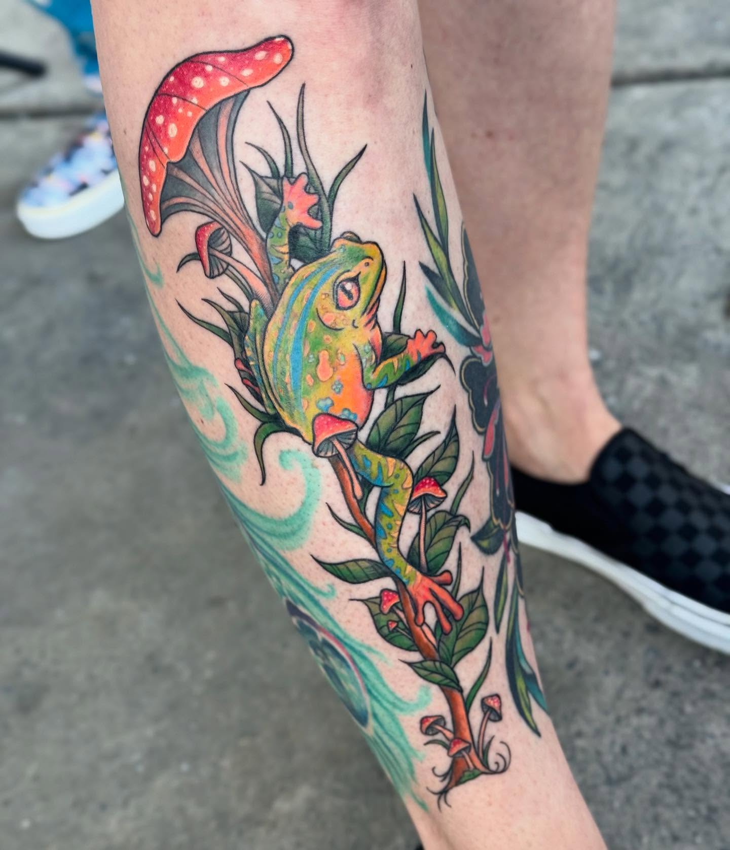 Frog and mushrooms new school tattoo on the forearm by @carissaetattoos