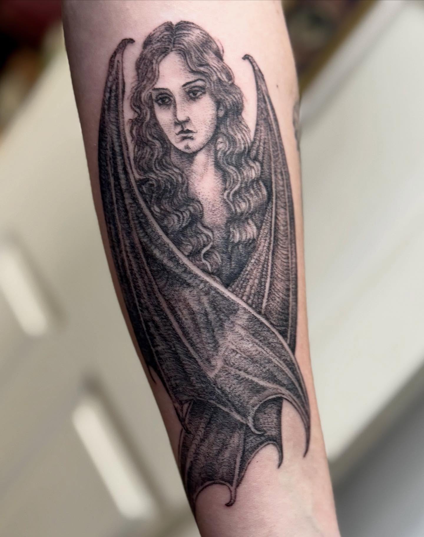 Angel realism tattoo on the forearm by William Worley
