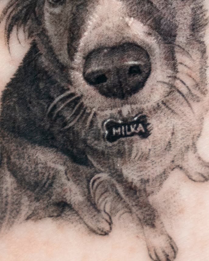 Dog realism tattoo on the forearm by Zeeyo 지요