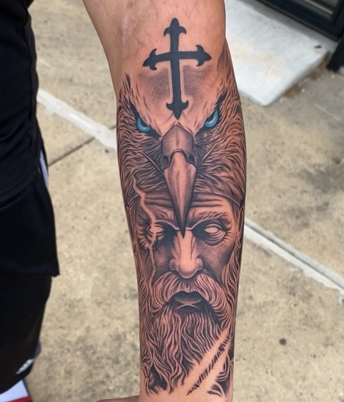 Viking warrior with eagle realism tattoo on the forearm by Jay Daartist