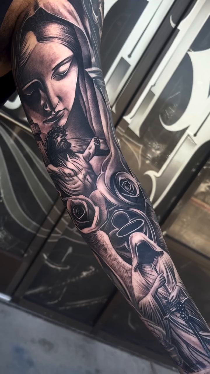 Woman and roses realism tattoo by Tattoo
