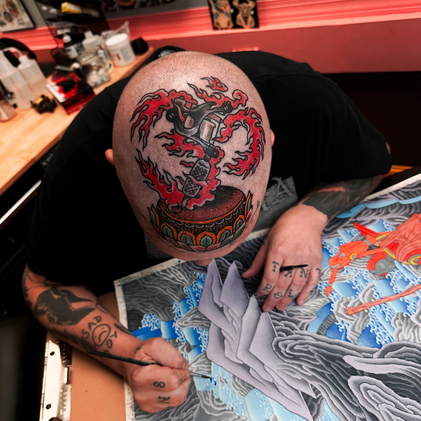 Flame and lantern American traditional tattoo on the head by Leif Hansen